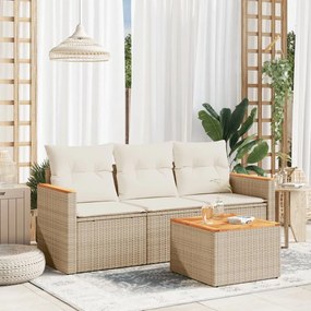 4 pcs conjunto de sofás para jardim c/ almofadões vime PE bege