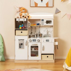 Cozinha infantil brincar em madeira 90 x 29 x 90 cm com luzes LED ajustáveis Bandejas e prateleiras de tecido removíveis Branca + Natural