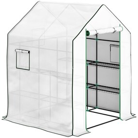 Outsunny Estufa de Jardim Pequena de 3 Níveis com 6 Prateleiras Porta Enrolável e Capa de PE 140x143x190 cm Branco | Aosom Portugal