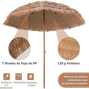 Guarda-sol 243 cm em palha Plastico PP tipo havaiano (BASE NÃO INCLUIDA) com 8 varas dobrável natural