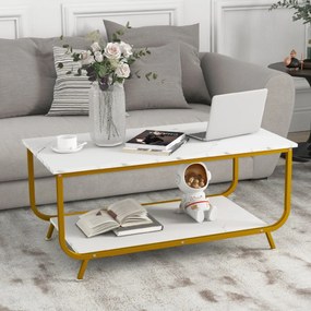 Mesa de centro moderna em mármore com Estante para Sala de Estar Escritório 105 x 55 x 46,5 cm Branco e dourado