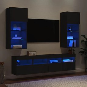 5 pcs móveis de parede p/ TV c/ LEDs derivados de madeira preto
