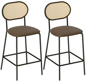 Conjunto de 2 Bancos de Bar Bancos Altos de Cozinha com Encosto em Vime Assento em PU Estrutura de Aço 45x50x97 cm Castanho