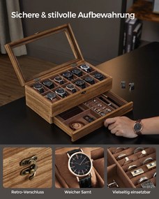 Caixa de relógios com 12 compartimentos em madeira maciça, 9 x 34 x 12,5 cm cor de noz