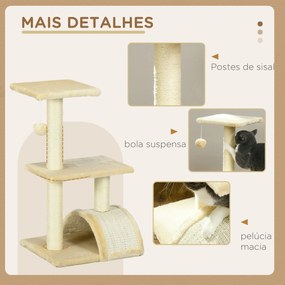 Arranhador para Gatos de 3 Níveis com Postes de Sisal Placa para Arranhar e Bola Suspensa 40x35x72 cm Creme