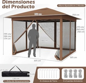 Tenda dobrável para exterior 350 x 350 x 250 cm (C x L x A), 4 paredes, malha, fechos de correr, ventilação superior, proteção solar, saco de transpor
