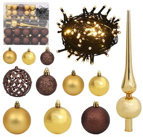 330096 vidaXL Conj. de bolas de natal 120pcs + pico e 300 LEDs dourado/bronze