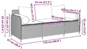 Sofá de jardim de 3 lugares com almofadões vime PE cinzento