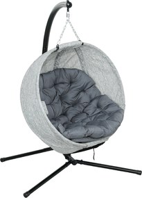 Outsunny Cesto suspenso em forma de ovo, poltrona suspensa com função de balanço e cesto dobrável, cadeira de jardim, suporte para copos, cinza | Aosom Portugal