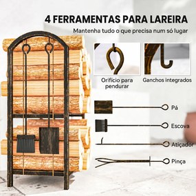 Porta-Lenha Metálico de 2 Níveis com 4 Ferramentas para Lareira e Ganchos 43x30x74 cm Castanho Escuro