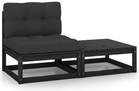2 pcs conjunto lounge jardim c/ almofadões pinho maciço preto