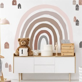 Autocolante de parede arco-íris em tons de castanho e casas boho