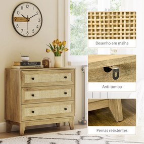 Cómoda com 3 Gavetas Cómoda de Madeira com Gavetas de Vime e Pés Elevados 80x35x76 cm Madeira