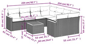 9 pcs conjunto de sofás p/ jardim com almofadões vime PE bege