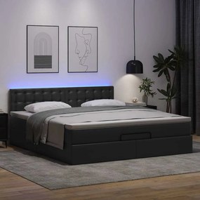 Cama otomana com colchões&amp;LEDs 160x200cm couro artificial preto
