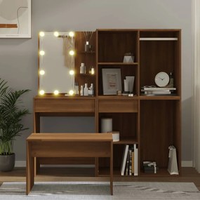 vidaXL Conjunto toucador com LEDs madeira processada carvalho castanho