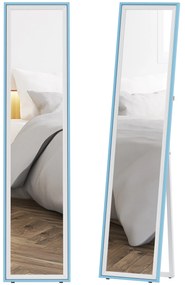 HOMCOM Espelho de Pé 157x37 cm com Moldura em MDF Espelho de Parede Retangular para Pendurar com Suporte 2 Formas de Utilização para Sala de Estar Entrada e Quarto Branco e Azul