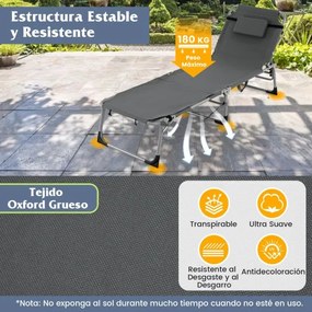 Espreguiçadeira de jardim dobrável com 5 posições Encosto Ajustável Apoio para os pés Orifício para o rosto ajustável Almofada amovível Cinzenta