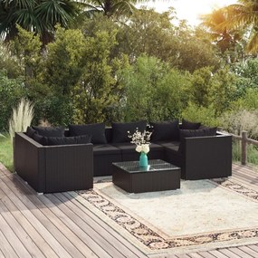 vidaXL 7 pcs conjunto lounge de jardim c/ almofadões vime PE preto