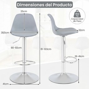 Conjunto de 2 bancos giratórios de bar com encosto ajustável em altura, estofados em couro sintético e apoio para os pés cinza e prata