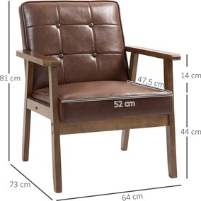 Poltrona Sala de Estar Estofada em PU com Apoio para os Braços e Estrutura de Madeira de Borracha 64x66x80 cm Castanho