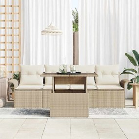 Conjunto de Sofá para Jardim com 5 Peças e Almofadas Bege de Rattan Po