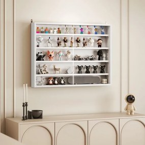 Vitrine de parede para objetos de coleção 80 x 9,5 x 60 cm,, com 4 prateleiras ajustáveis em altura e 2 portas de correr, branca