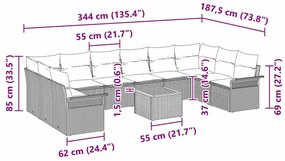 Conjunto de Sofá de Jardim 11 Peças com Almofadas, Rattan Preto, Acáci