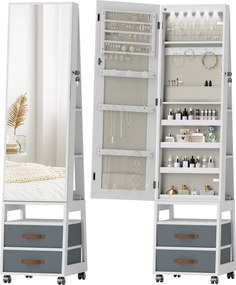 HOMCOM Espelho Armário de Jóias com Luzes LED Rodas Giratórias 360° Prateleiras Abertas Gavetas de Tecido Branco | Aosom Portugal