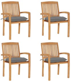 vidaXL Cadeiras de jardim empilháveis c/ almofadões 4 pcs teca maciça