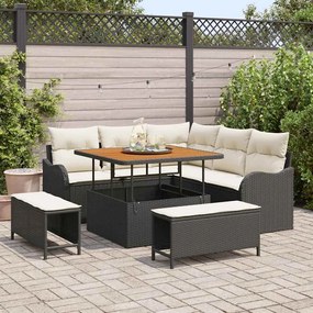 Conjunto de Sofás de Jardim de 8 Peças com Almofadas em Vime Preto Acácia