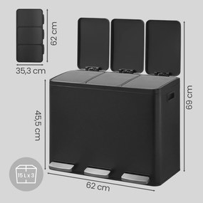 Caixote do lixo com 3 compartimentos, caixote do lixo de 3 x 15 L, 62 x 35,3 x 45,5 cm com pedal e tampa com fecho suave Preto