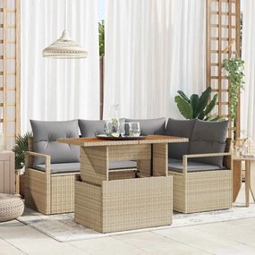 Conjunto de Sofás de Jardim vidaXL de 5 Peças com Almofadas Bege Rattan Poly Acácia