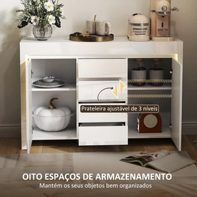 Aparador Sala de Estar com Luzes LED 4 Gavetas Prateleiras Ajustáveis e Controlo Remoto 120x34x80 cm Branco Brilhante
