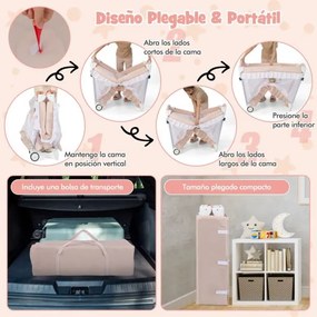 Berço de viagem dobrável para bebés de 0 a 36 meses com toldo Trocador Brinquedo Rodas com travões Saco de transporte Rosa claro