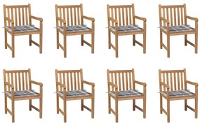 Cadeiras de jardim almofadões xadrez cinzento 8 pcs teca maciça