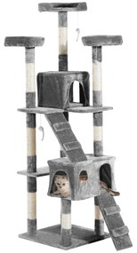 PawHut Arranhador para Gatos Grande 49x49x173 cm com Múltiplos Níveis Cavernas e Brinquedos Suspensos Cinza