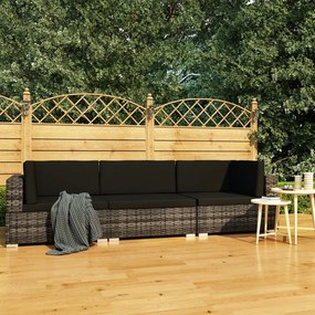 3 pcs conjunto sofás de jardim c/ almofadões vime PE cinzento