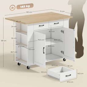 Carrinho de cozinha com Rodas, Ilha de cozinha 120 x 71 x 89 cm com estação de carregamento, e bancada rebatível, 2 gavetas, branco