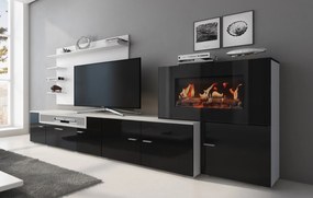 Mobiliário de sala de jantar com lareira eléctrica com 5 níveis de chama, branco mate e acabamento lacado preto brilhante, medidas: 290x170x45cm de pr