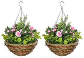 Outsunny Conjunto de 2 Plantas Lisianthus Suspensas Artificiais para Interior e Exterior com Vaso e Vime e Correia Ø25x34 cm Rosa e Verde