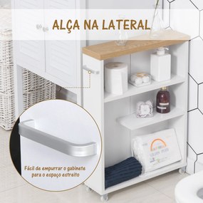 Kleankin Gabinete de banheiro auxiliar Carrinho de armazenamento de 3 prateleiras com rodas e alça lateral 50x13x67,5 cm Branco
