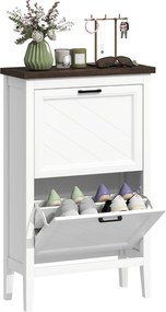 HOMCOM Sapateira Country com 2 Gavetas Basculantes, Prateleiras Ajustáveis, Design Branco. | Aosom Portugal