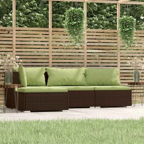 4 pcs conjunto lounge jardim c/ almofadões vime PE castanho
