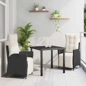 vidaXL Conjunto de Jantar para Jardim com almofada 3 pcs Preto vime PE