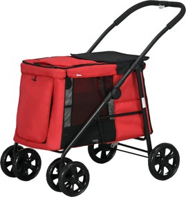 Carrinho de bebé dobrável 102 x 62 x 105 cm com motivos de animais (cão e gato), almofada incluída, rodas com travão, tecido Oxford 600D,  vermelho