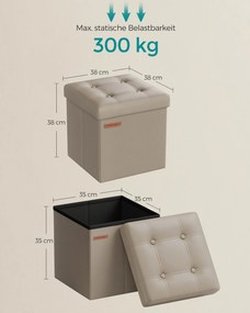 Banco quadrado arrumação 38 x 38 x 38 cm, em couro sintético, dobrável castanho claro
