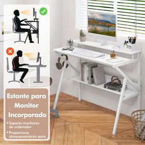 Secretária pequena com suporte para monitor, gancho suspenso e prateleira adicional 100 x 48 x 81,5 cm Branca