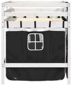 Cama alta criança c/ cortina 90x200cm pinho maciço branco/preto