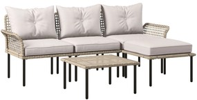Conjunto de Jardim em Vime Sintético Conjunto de Móveis de Exterior com Sofá de 4 Módulos 1 Mesa de Centro e Almofadas Creme